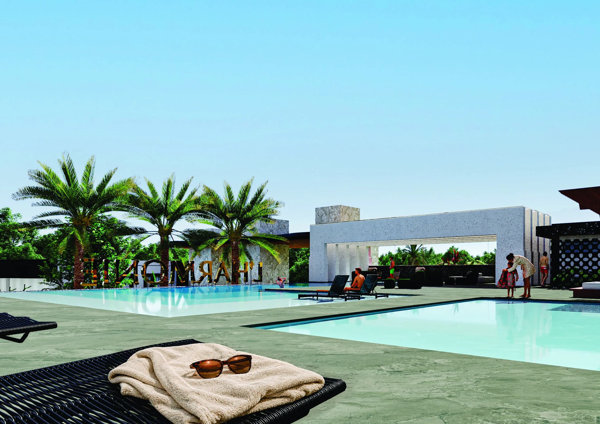 Piscina do L'Harmonie Club em um dia ensolarado